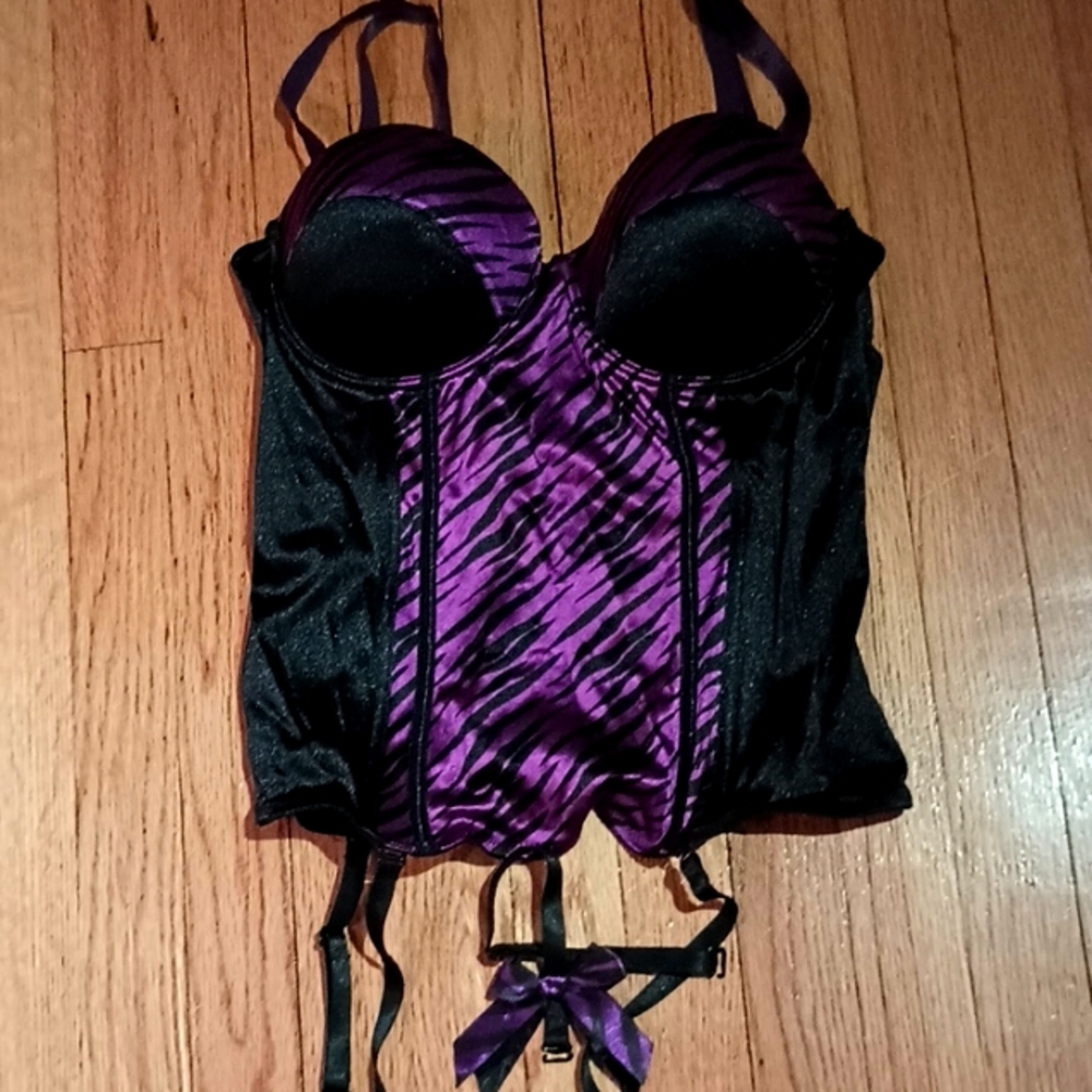 Morbid Threads 36D black and purple zebra accent teddy push up with garters